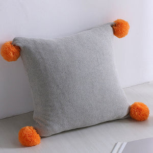 Cushion Cover - Grey with Orange PomPom