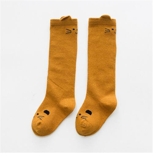 Cat Knee High Long Socks  - Mustard